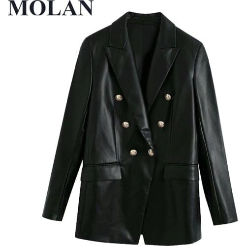 Leather Blazers Women Fashion Double Breasted Faux Coat Vintage Long Sleeve Back Vents Female Outerwear Chic Tops