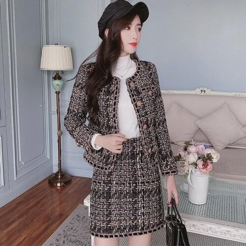 2020 New Winter Runway Tweed 2 Piece Set Dress Autumn Designer Women Thicken Jacket Coat + Mini Skirts Suits