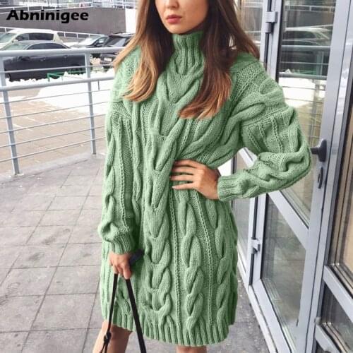 Ladies Sweater Dress High Collar Sweaters Long Sleeve Dresses Pure Color Knitted Pullovers Sweaters Vestido Loose Warm Winter