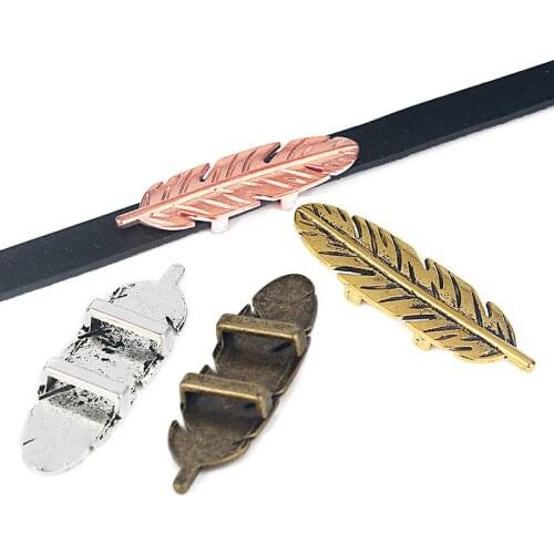 10pcs Large Leaves Feather Shape Slider Spacers Jewelry fit 5mm 10mm Flat Leather Cord Charm For Jewelry Making Accessories