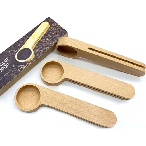 16cm 2 in 1 Wooden Coffee Scoop and Bag Clip Solid Beech Wood Measuring Spoon Coffee Bags Sealer Suitable for Ground Beans