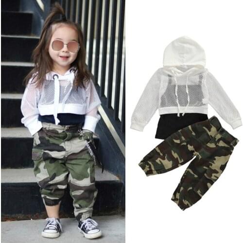 2020 Summer 1-6Y Toddler Kids Baby Girl Clothes Mesh Hollow Cool Tops+Vest+Camouflage Print Pants Outfits Set Clothing 3pcs