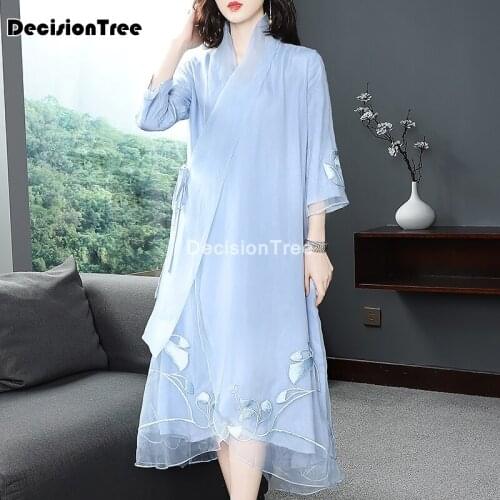 2021 chinese traditional dress embroidery qipao women party wedding vintage retro floral chiffon chinese style hanfu dress