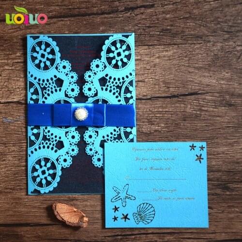 DIY 25set customize inc170 laser cut wedding invitation card sky blue,tied bow white,big rhinestone,printing card,envelope seal