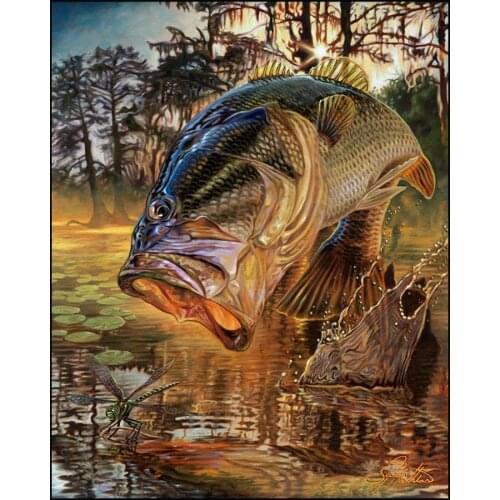 5D DIY Diamond Embroidery Cross Stitch Bass Fishing and Dragonfly Full Square/ Round Diamond Painting Rhinestone Mosaic Picture