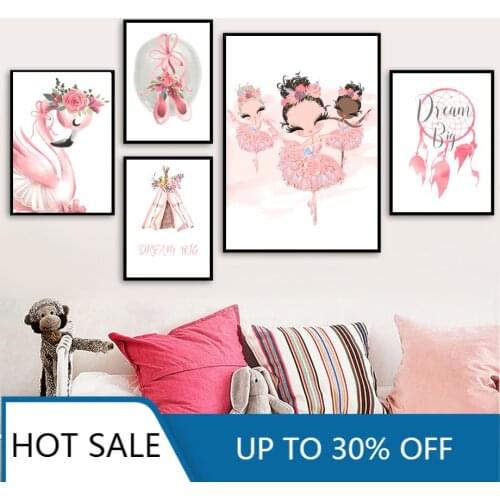 Ballet Girl Flamingo Flower Crown Tent Nursery Wall Art Canvas Painting Posters Nordic Prints Wall Decor Pictures Kids Room Deco