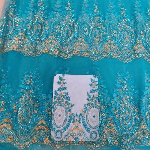 R022# blue mix gold glued glitter tulle mesh for haute couture evening dress/sawing/wedding