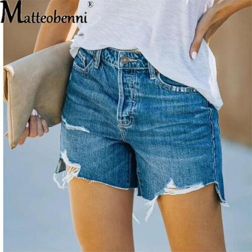 Summer New Hole Jeans Womens Midi Waist Button Wear Tassel Denim Shorts Ladies High Street Fashion Solid Casual Straight Shorts