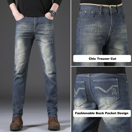 2021 Newest Male Jeans Slim Elastic Brand Fashion Business Trousers Classic Style Embroidery Worn Out Back Pocket Cotton Jeans