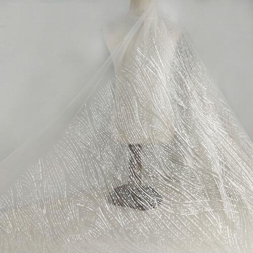 Geometric Embroidery Lace Fabric by Yard with Sequins , Birdal Gown Couture Fabric in White tulle mesh lace fabric 1 Yard