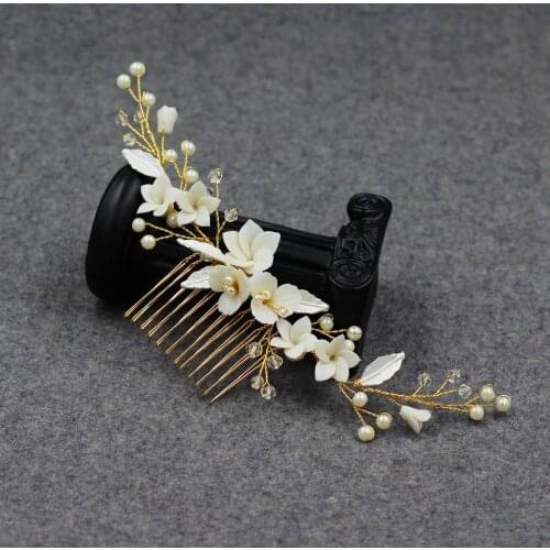 Clay Flower Wedding Hair Comb Pearls Jewelry Gold Leaf Crystal Bridal Hair Piece Accessories Handmade Women Headpiece