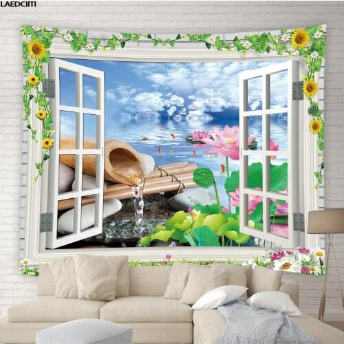 Zen Tapestry Indian Bohemian Green Plant Bamboo Flowers Scenery Background Wall Hanging Living Room Bedroom Curtain Home Decor