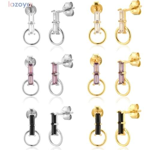 Lozoya 925 Sterling Silver Pendiente Luxury Rock Zircon CZ Colorful Stud Earring 2020 Piercing Ohrringe Punk Tiny Circle Jewels