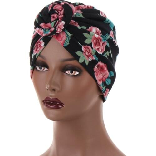 Trendy African Pattern Flower Indian Arab Wrap Women Muslim Turban Headscarf Headwrap Ladies Hat for Spa Bathroom Bonnet Beanies