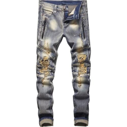 Mens Vintage Ripped Biker Jeans Streetwear Holes Patchwork Slim Straight Pants Stretch Denim Zipper Trousers