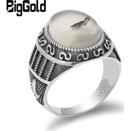 Original 925 Sterling Silver Men Ring with Big Natural Aagte Stone Ring Vintage Style for Male Women Turkish Handmade Jewelry