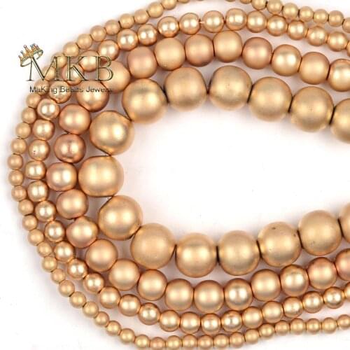 Natural Stone Dull Polish Light Gold Plated Hematite Beads For Jewelry Making 3 4 6 8mm Charm Beads Diy Bracelet Accessories 15"