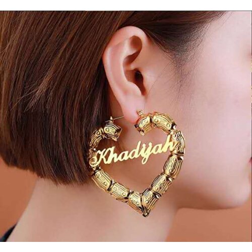 Stainless Steel Bamboo Hoop Earrings Customize Name Earrings Bamboo Style Custom Hoop Earring With Statement Words Number