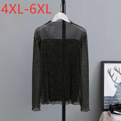 New 2021 Ladies Spring Autumn Plus Size Basic Tops For Women Large Long Sleeve Slim Elastic Black Sequins T-Shirt 4XL 5XL 6XL