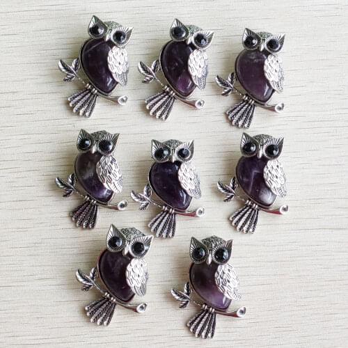 New Fashion Vintage copper Plated Owl natural amethysts stone pendants for jewelry making wholesale 8pcs/lot free shipping