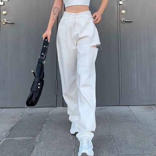 Casual High Waist Straight Wide Leg Pants Women Loose Ripped White Pants Korean Streetwear Trousers Harajuku Woman Pants Autumn