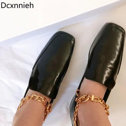 Metal Ring Chain Ankle Buckle Strap Loafers Shoes Woman Square Toe Genuine Leather Derby Shoes Designer Autumn Shoe Woman Mujer