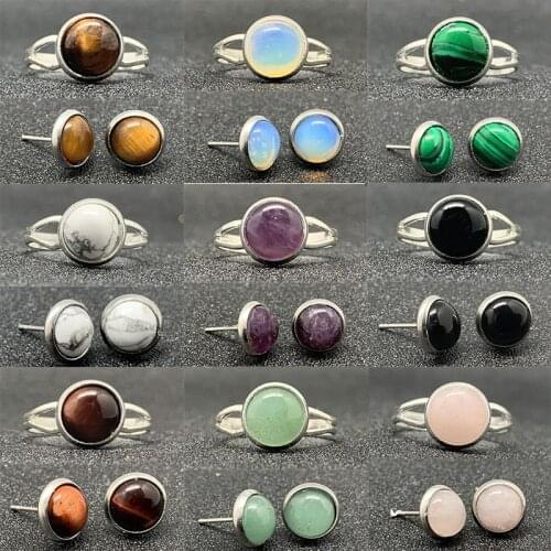 2 Piece Jewelry Sets 8MM Natural Stone Crystal Ring Earrings for Women Amethyst Tiger Eye Stone Aventurine Handmade Wedding Gift