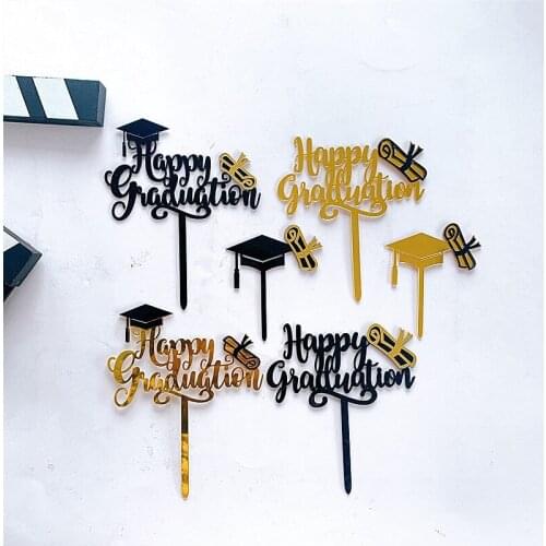 Cake Decoration Acrylic Happy Graduation Day Cake Toppers Black Gold for 2021 Class Graduation Party Dessert Cupcake Decor