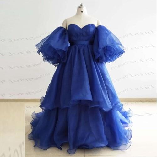 Court Style Off Shoulder Flare Sleeve Evening Gowns Blue Tiered Ball Gown Party Dress for Formal Event Sweep Train Zipper Back