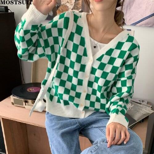 Chessboard Knitted Women Cardigan Sweater Women Full Sleeve V-neck Tops Elegant Loose Female Knitwear Jumpers 2021