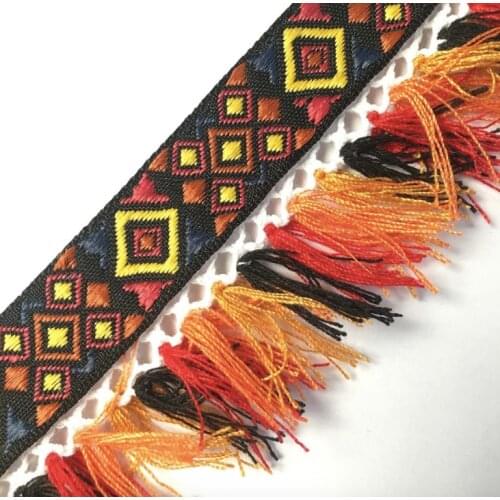 Embroidery ethnic jacquard webbing woven tape cluny lace tassel fringe trim ribbon 5cm tribal boho DIY native denim african deco