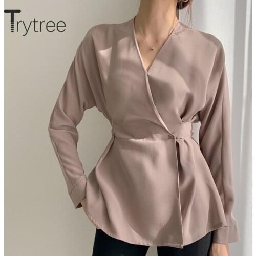 Trytree 2020 Spring Autumn Casual Blouse Women V-neck Belt Vintage Solid 2 Color Fashion Elegant A-line Slim fit Blouse Tops