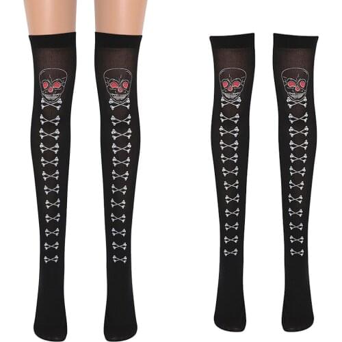 Womens Halloween Skulls Printed Over Knee Tights Leggings Halloween Costumes Stockings Thigh High - One Size