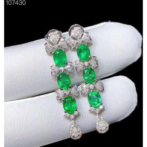 Natural green emerald drop earrings 925 silver natural gemstone earrings women personality long bowknot party gift fine jewelry