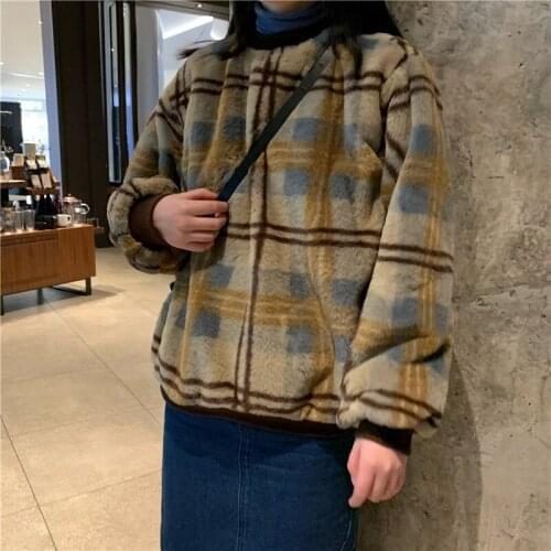 WomenS Sweatshirts Korean Kawaii Cute Loose Lazy Vintage Plaid Sweatshirt Female Japanese Harajuku Ulzzang Clothing For Women
