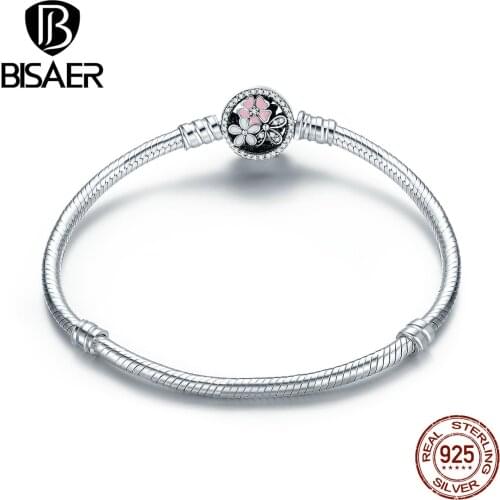 BISAER 925 Sterling Silver Pink Flower Poetic Daisy Cherry Blossom Basic Chain Bracelet For Women Fashion Jewelry WEUS919