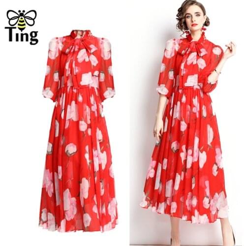 Tingfly Women Fashion Summer Floral Chiffon Aesthetic Dress Lady High Waist Boknow Casual A Line Midi Long Party Dresses Traf Za