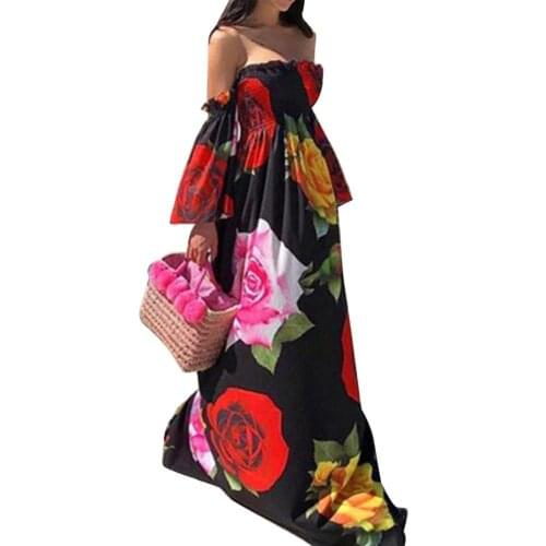 2021 Women Vintage Floral Printed Long Maxi Dress Holiday Boho Female Off Shoulder Backless Flare Sleeve Floral Print Maxi Dress