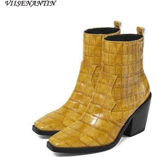 2020 Fashion Western Style Crocodile Embossed Genuine Leather Ankle Boots Casual Lazy Square Toe Slip-on Square Heel Boots
