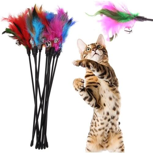 5pcs/lot Cat Toys Feather Wand Kitten Cat Teaser Turkey Feather Interactive Stick Toy Wire Chaser Wand Toy Random Color