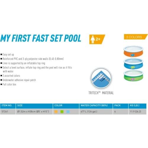 57241 Bestway 5'x15"/1.52mx38cm Easy set-up My First Fast Set Pool/Reinforced PVC & 3-ply polyester inflatable Top-ring Pool-w