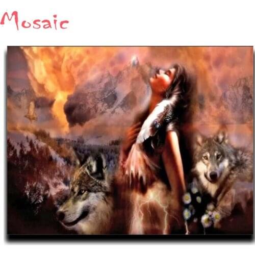 5D round Diamond Embroidery,Diy Diamond Painting cross stitch indian woman wolf Needlework Rhinestone Mosaic home decor