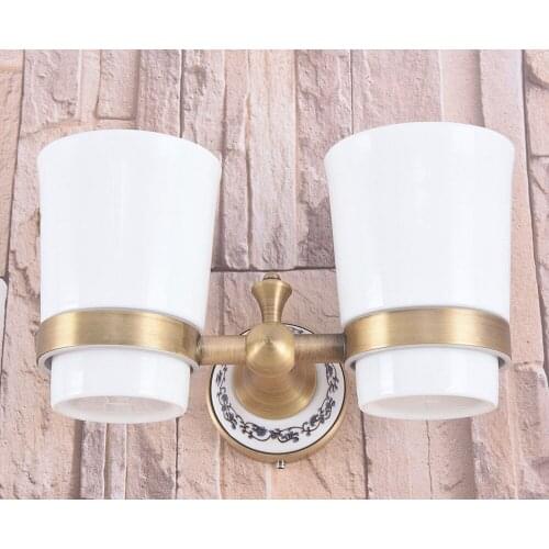Antique Brass Double Toothbrush Holder With Ceramic Cup Wall Mounted Bathroom Accessories aba780