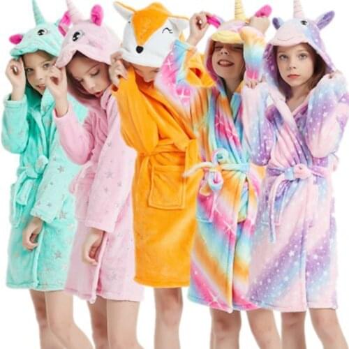 Winter Toddler Kids Boys Girls Flannel Hooded Bathrobes Rainbow Bath Robe Nightgown Pajamas Sleepwear Children Home Clothes