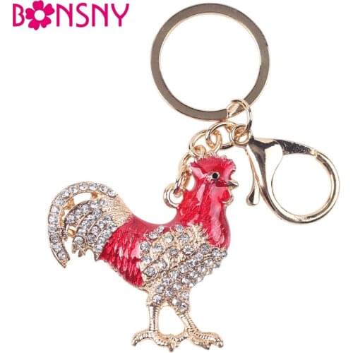 Bonsny 2016 Enamel Alloy Chicken Rooster Key Chain Key Ring Pom Gift For Women Girl Bag Charm Keychain Pendant Jewelry
