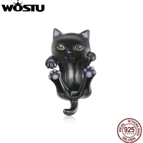 WOSTU 925 Sterling Silver Black Cartoon Cat Beads Animal Charms Fit for Women Bracelets Silver 925 Original Fine Jewelry BNC404