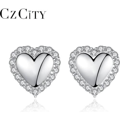 CZCITY Genuine 925 Sterling Silver Sweet Heart Stud Earrings for Women Petite Cubic Zircon Wrapped Earrings Silver 925 Jewelry