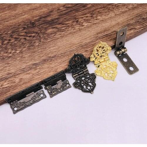 2x Floral Carved Bronze Jewelry Chest Gift Wooden Music Box Small Crafts Hinges Wine Medicine Case Cabinet Door Hinge with Screw