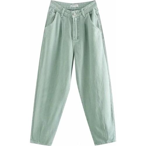 Dave&Di vintage light green solid loose mom high waist jeans pleated Turnip jeans woman denim pants boyfriend jeans for women