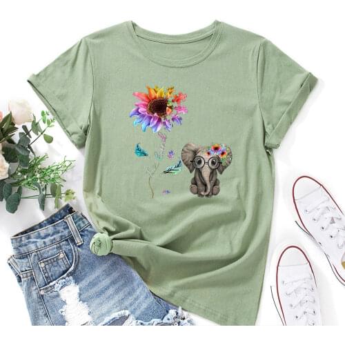 Cute Baby Elephant Sunflower Love Animal Lover Shirt Women Short Sleeve Cotton T-shirts Summer Graphic Tee Tops Female Clothes
